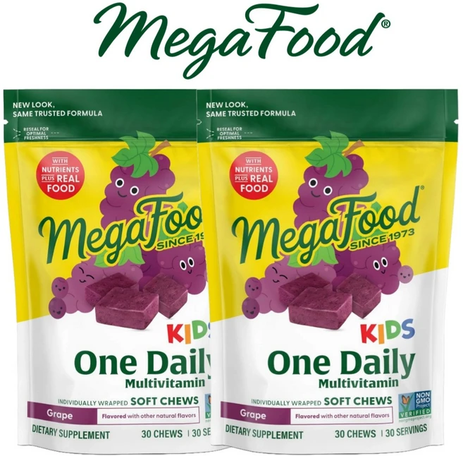 메가푸드 키즈 원 데일리 멀티 비타민 포도맛 30개 츄어블 2팩 비오틴 B6 B12, 2개, 30정 - 쿠팡