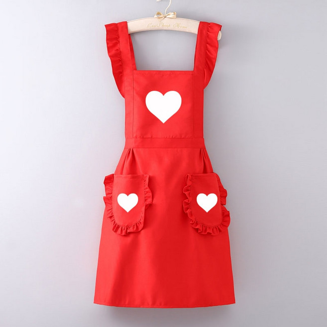 돋보이는 러블리 하트앞치마 사계절 요리 주방 프린티 가게 가정용 프릴앞치마, 레드 하트, 1개