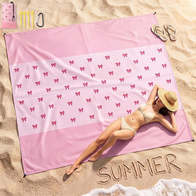 Tingjoo Extra Pink Bow Beach Blanket 83"x79" Oversized Waterproof Sandproof Quick Drying Outdoor