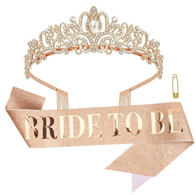 Wecoe Gold Bride to Be Sash and Tiara Set Bridal Shower Gifts for Bachelorette Party Engagement, Rose Gold