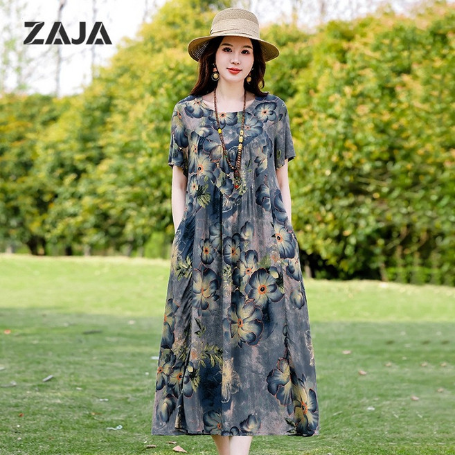 ZAJA 여성 롱원피스 루즈핏 프린트 엄마룩 원피스 빅사이즈 체형커버 데일리