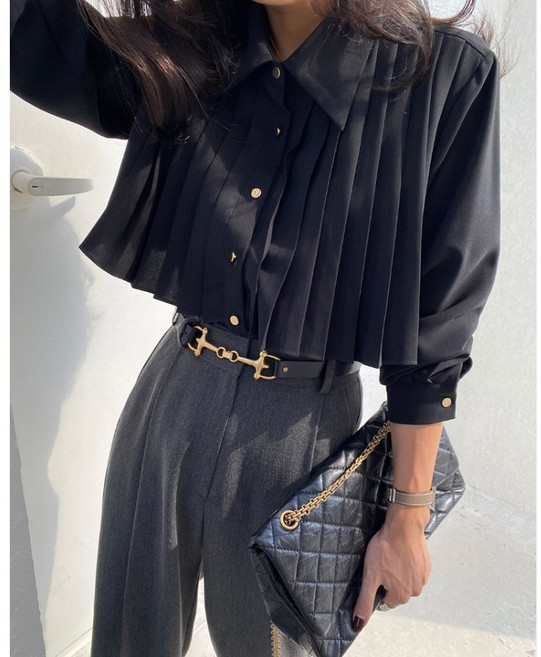 체인지쉬(change she)여성 금장단추 앞면 셔링 벌룬 소매 정장핏 블라우스