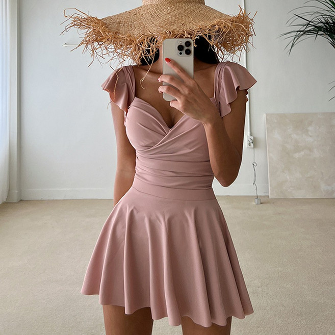 UPPERCUT 여성 셔링 프릴 코르셋 원피스 수영복 스커트 세트 체형커버 모노키니, 인디 핑크