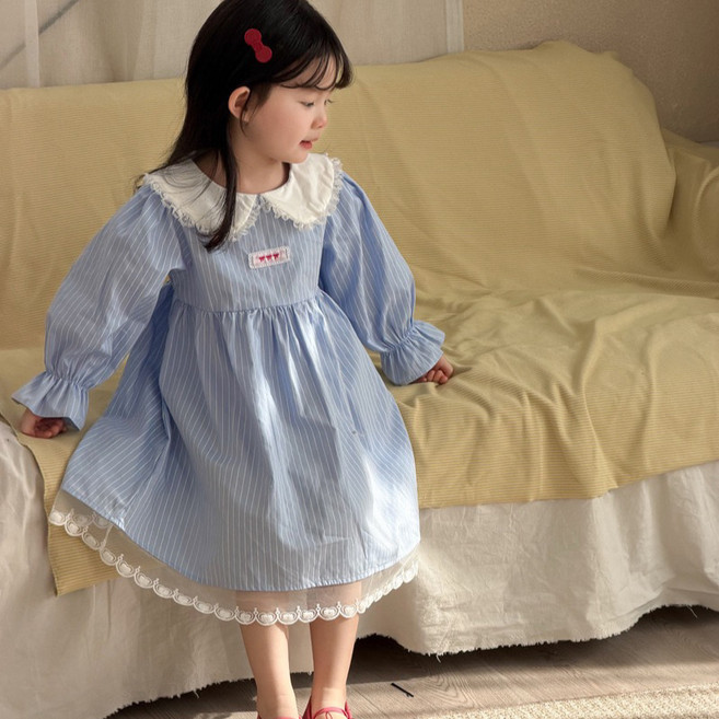 라라앤아이 유아 초등 저학년 봄 가을 빅카라 스트라이프 레이스 원피스
