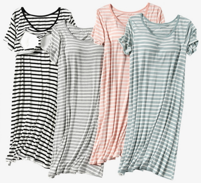 마마조이 모달 스트라이프 브라캡 반팔 원피스 잠옷