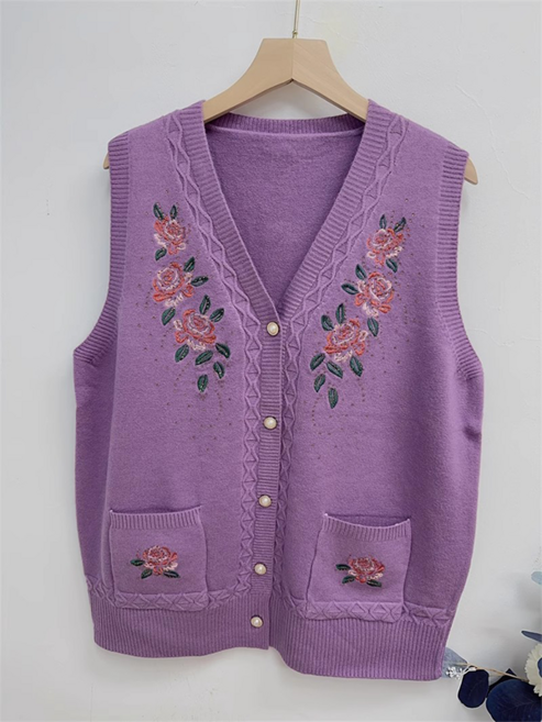 중년 여성 봄 가을 니트 조끼 자수 꽃무늬 브이넥 니트 조끼 패션 무지 디테일 편안한 착용 JS