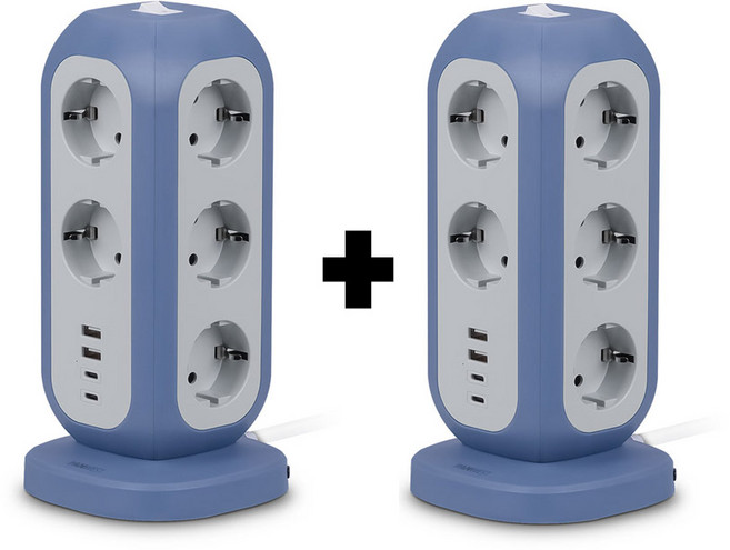 고용량 멀티탭 1+1 타워형 스탠드형 4000W 15구(USB-A타입 USB-C타입 포함), 페일 블루