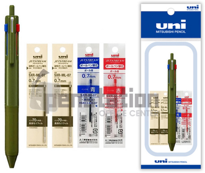 유니 제트스트림 507 3색 볼펜 0.7mm 1개 +리필심( 흑색 2개/청색 1개/적색 1개) 세트, 0.7mm다크올리브1개+리필심(흑2/청1/적1)세트