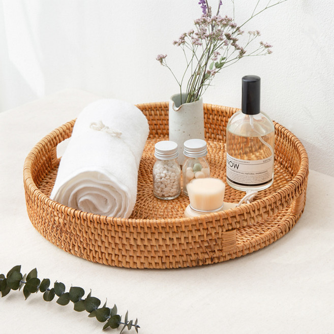 이소품 라탄 원형 손잡이 트레이 소품 정리바구니, 1개, 라탄 원형 손잡이 트레이(04812B)