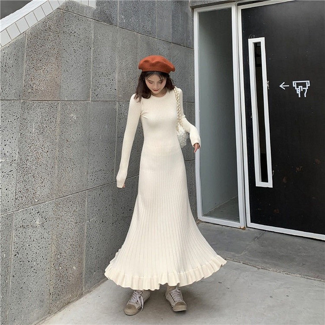 大尺碼洋裝 炸街裙子女秋冬天修身顯瘦內搭魚尾打底毛衣裙長款過膝針織連衣裙, 杏色 【柔軟 抗起球 優質毛衣】,M 【建議47-52公斤】