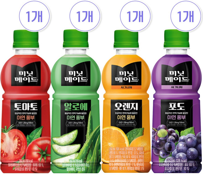 미닛메이드 4종 (토마토1개+오렌지1개+알로에1개+포도1개), 350ml
