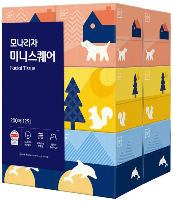 모나리자 미니 스퀘어 각티슈 200매X12개 휴지 갑티슈 곽티슈 미니티슈 미니각티슈, 1박스, 2400매
