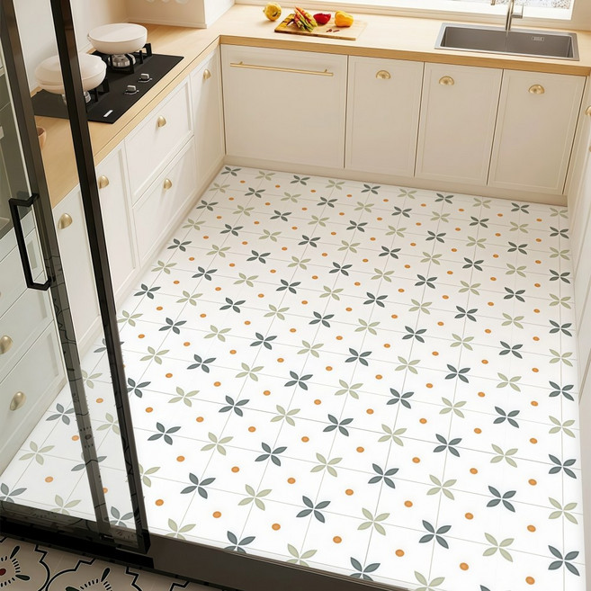 옌타 특대형 pvc 주방매트 방수 미끄럼방지 가능 잘라쓰는, 1개, 네 잎 타일-그린