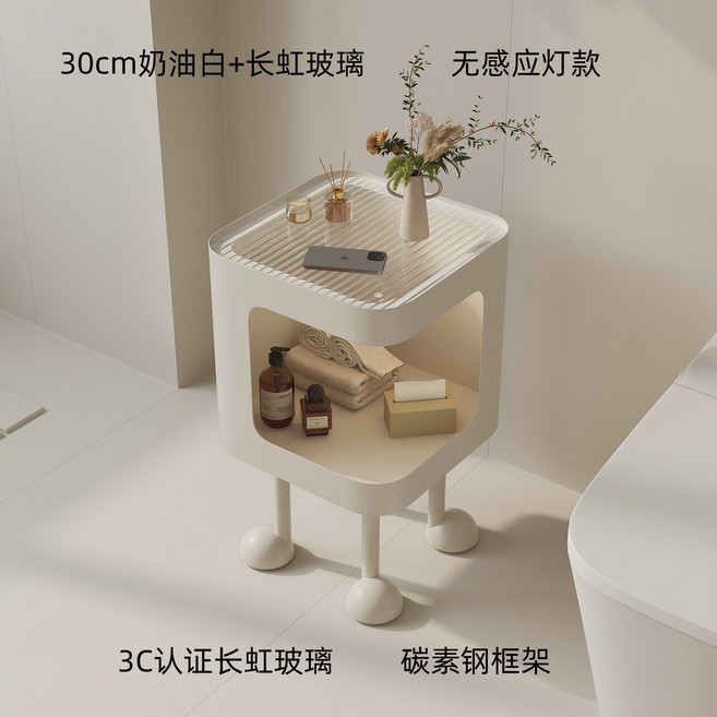 簡約床頭櫃 30cm高階黑長虹玻璃不帶燈, 30cm奶油白長虹玻璃不帶燈