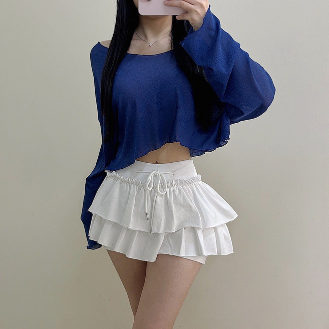 VANANA2 국내제작 여성 물놀이 비치웨어 상체 커버업 여리여리 물결 박시핏 슬라브 긴팔크롭티