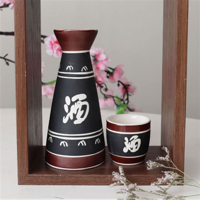 일본 도쿠리 사케병 사케잔 세트 도자기 술병 술잔 2P 독구리 SET, 05)흑밤 삼각/CK-52(도쿠리+술잔2p)