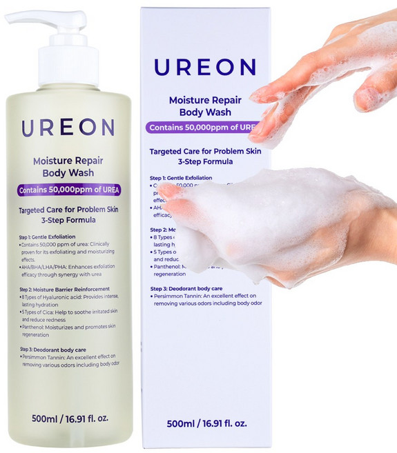 우레온 모이스처 리페어 바디워시 1회사용 피부 각질 88.6% 개선 체취 99.9% 개선 여드름 등드름, 1개, 500ml