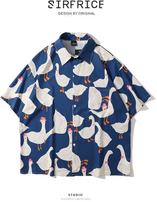 SIRPRICE Select Shop 可愛鵝鵝 海灘 度假 寬鬆 落肩 情侶花襯衫 口袋襯衫