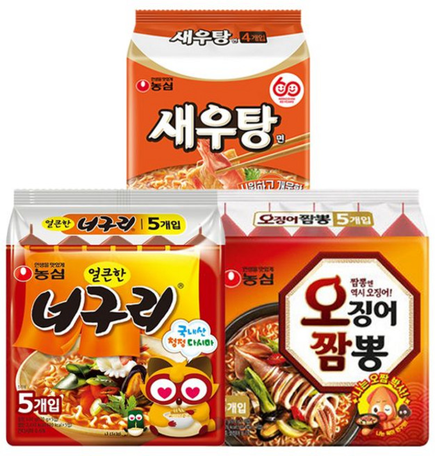 농심 너구리 5입 + 오징어짬뽕 5입 + 새우탕면 4입, 1세트, 1.708kg
