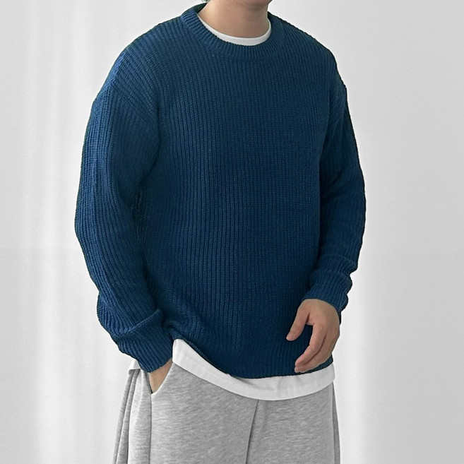 다이나믹피플 남자 하찌 오버핏 와플 긴팔 라운드 니트