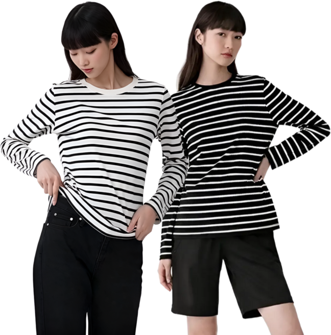 닉스나인 여성 오버핏 스프라이프 긴팔 단가라 캐주얼 풀오버 티셔츠 1+1