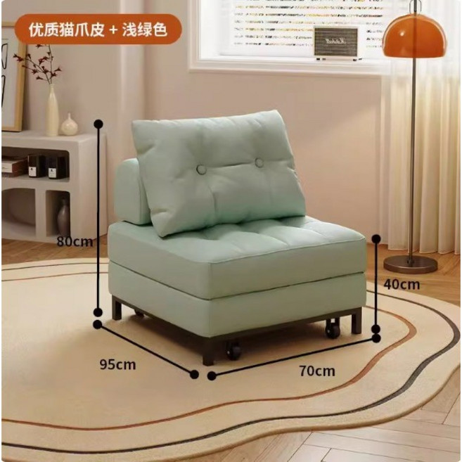 日式奶油單人沙發床 小戶型伸縮折疊設計 榻榻米公寓出租房 泡芙方塊造型 多功能收納空間, 【海綿款】淺綠色70cm,122*70/90/120*41