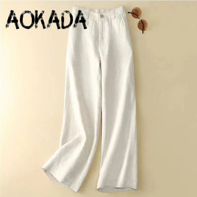 AOKADA 여성 밴딩 슬랙스 바지 빅사이즈 일자 린넨 롱 와이드팬츠