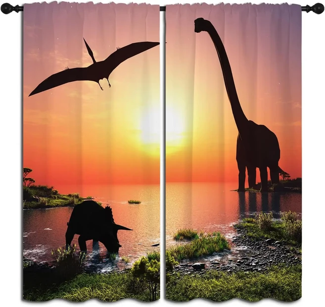 3D 공룡 소년 암막 커튼 쥬라기 녹색 열대 숲 그룹 2 패널 로드 포켓, 04 53x116CM-2PC, 14 ZQ-2603051239