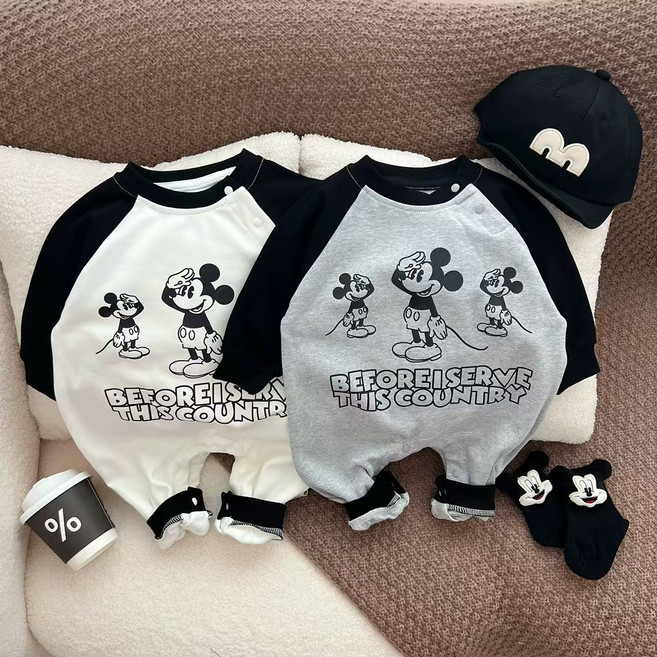 베이비 봄 가을 미키마우스 맨투맨 긴팔티 바디슈트 우주복 양말 모자 세트 외출복 등원룩 쌍둥이룩 백일 6개월 돌 아기옷
