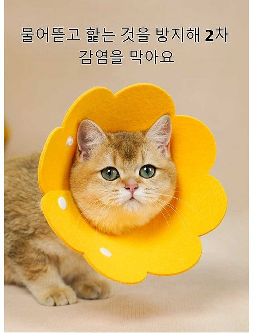 2개 고양이 부직포 해바라기 보호컬러 단추형 조절식 핥기방지 목걸이 얇고 부드러운 경량 수술후 회복용 엘리자베스 링, 옐로우