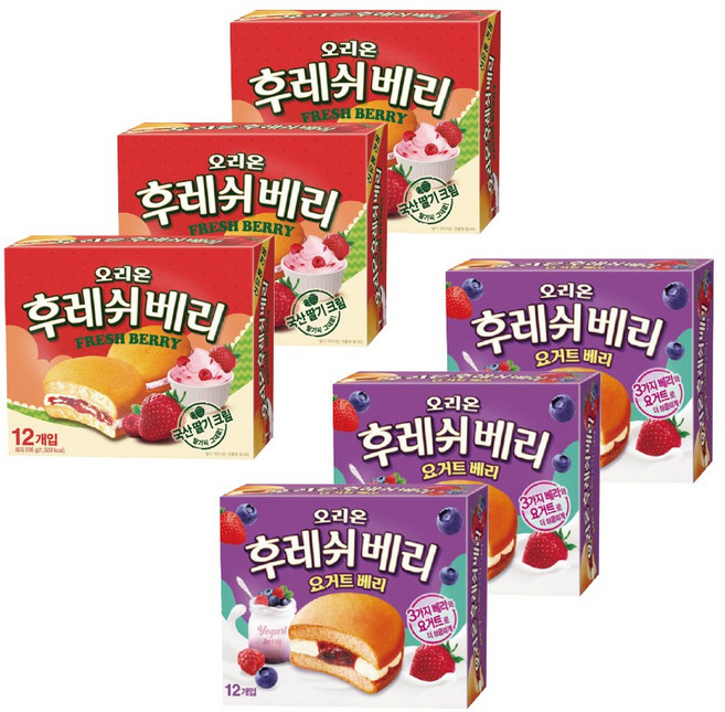 오리온 대용량 후레쉬베리 336g 3종 복숭아 + 딸기 + 요거트베리, 6개