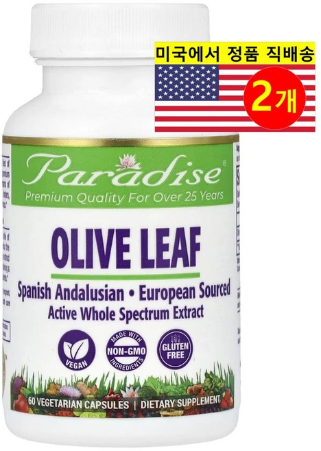 1+1 파라다이스허브 올리브 잎 추출물 250mg 60 베지 캡슐 비건 허브 글루텐프리, 2개, 60정 - 쿠팡