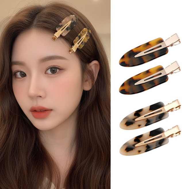 여성 자국없는 잔머리 옆머리 빈티지 마블 호피 슬림 헤어핀 4P 세트 H337S