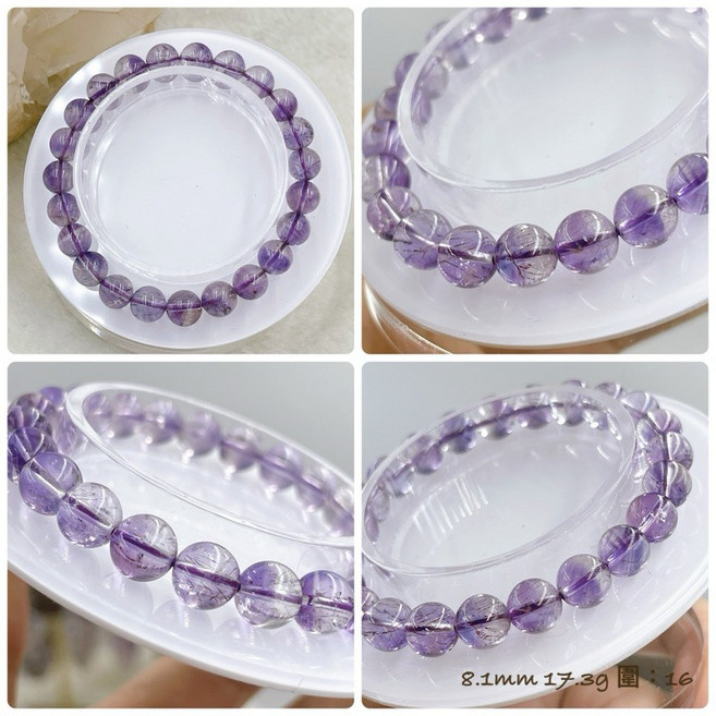 SWEET HEART 田芯精品 超七水晶手鍊 仙女濃色紫超七 金草莓毒液多樣珠徑, 8.1mm 清透款 紫超七NO.08, 1個