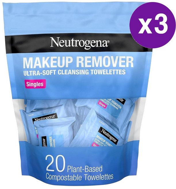 뉴트로지나 메이크업 리무버 클렌징 물티슈 20매입 3개 Neutrogena Makeup Remover Cleansing Towelette