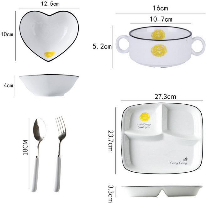 1인 도자기 식기세트 / 분할 다이어트 접시 + 하트 밥그릇 + 핸들볼 + 스푼포크 / 단독 가구 신혼부부 추천 / 깔끔한 무지 디자인, 오렌지 (Orange), 1박스