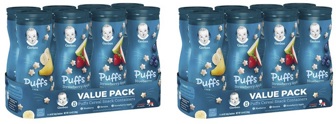 거버 어린이 퍼프 시리얼 스낵 컨테이너 밸류 팩 42g, 블루베리+바나나+딸기+사과, 16개입