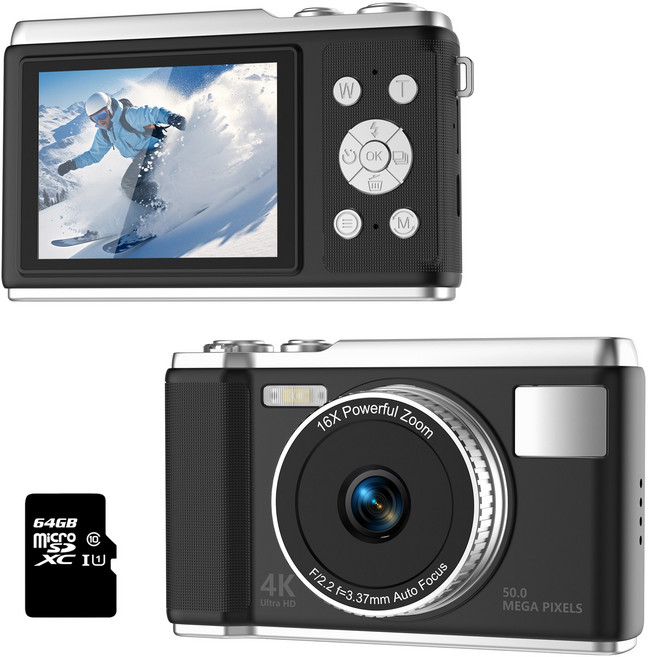 RUNHome 레트로 디지털 카메라 HD 셀카 여행용 인생+64G메모리카드, 블랙