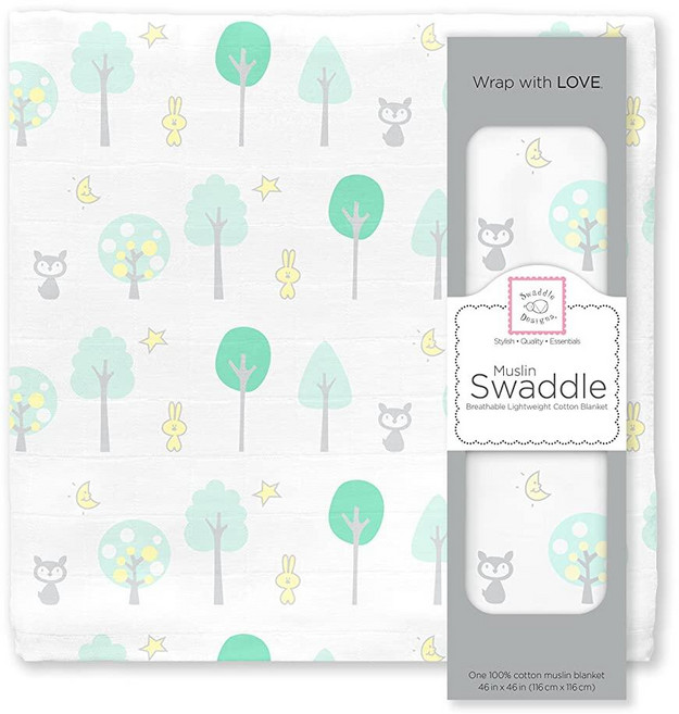 SwaddleDesigns 면 모슬린 포대기 담요 남아 및 여아용 속싸개 최고의 샤워 선물 116.8 x 116.8cm(46 46인치) 그린 우드랜드, Green Woodland