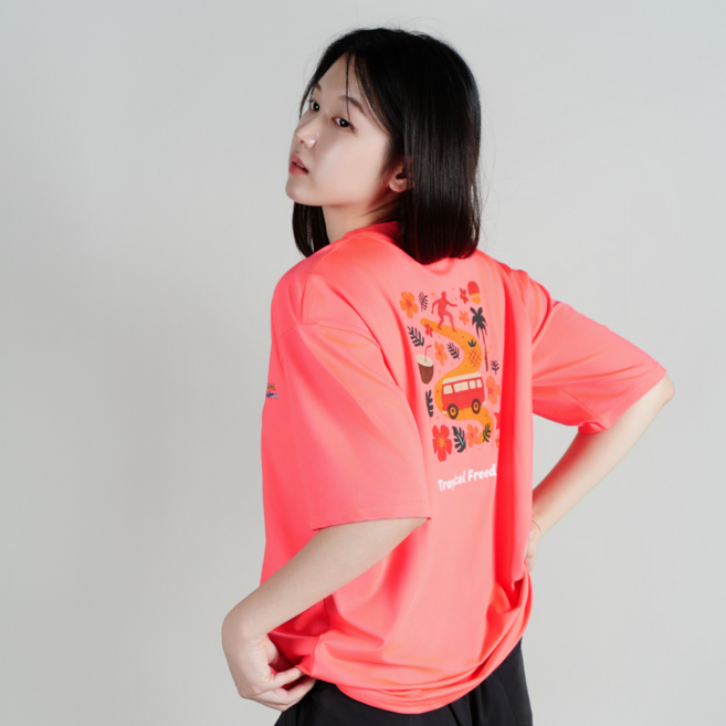 루나인 루즈핏 래쉬가드 반팔티셔츠 남자 여자공용, 트로피칼-핫핑크