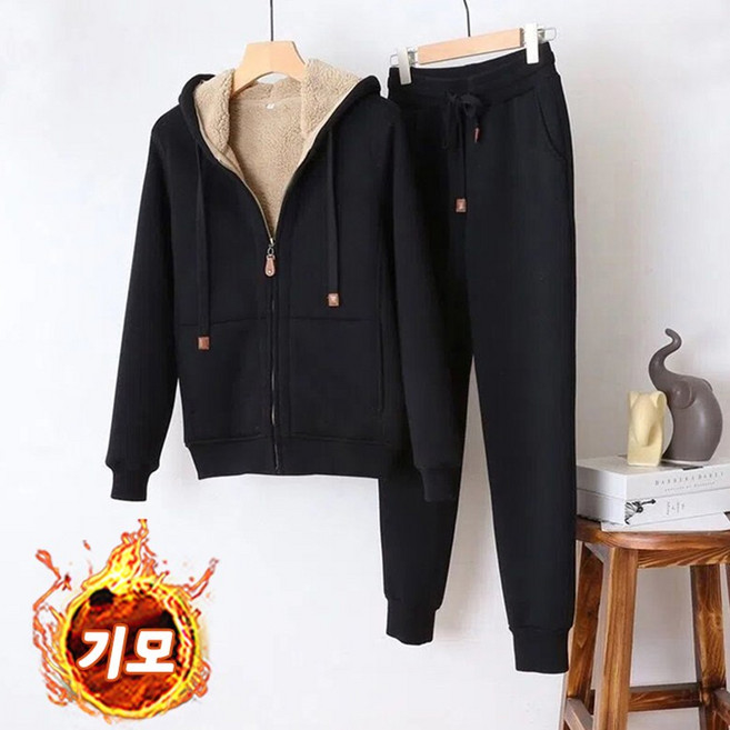 가을 겨울 여성 기모 운동복 심플 포근한 후드 자켓 밴딩 와이드 조거팬츠 데일리룩 트레이닝 츄리닝 상하세트