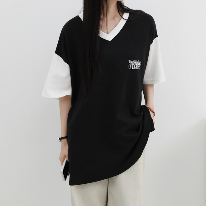 루나샵 올드브이 배색 반팔 티셔츠