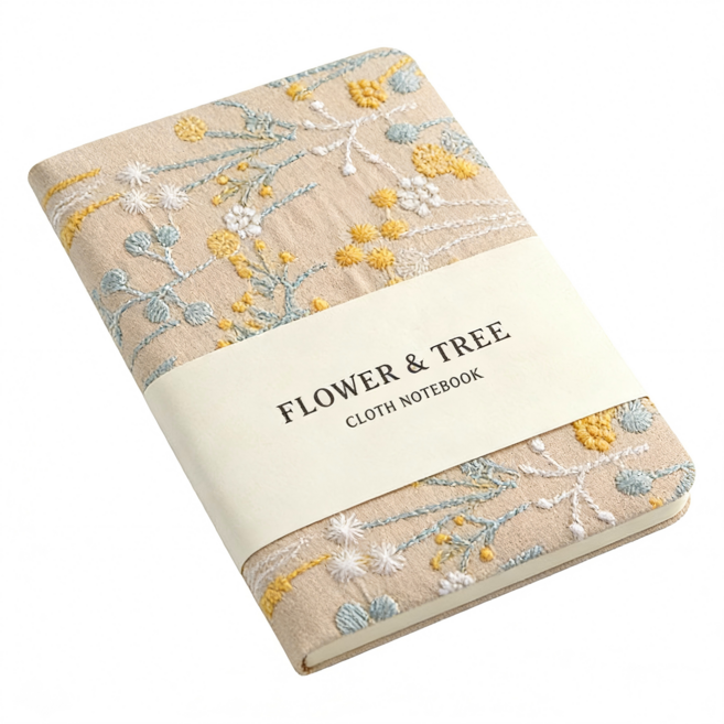Equator고급 패브릭 자수 노트 A6 32절 메모 포켓 수첩, 1개, 베이지꽃