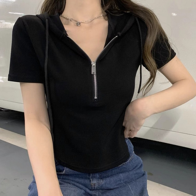 cammello 여성 무지 세미크롭 반집업 후드티 여름 반팔 티셔츠