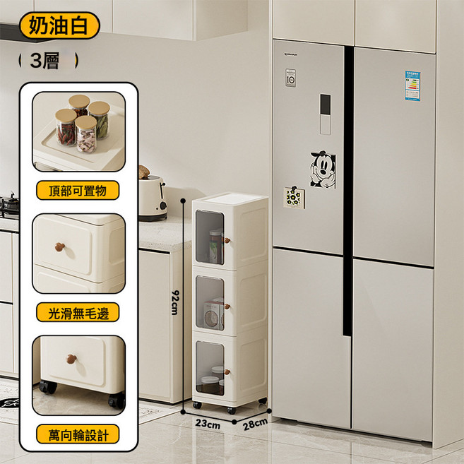 夾縫收納櫃窄縫置物架大容量廚房衛生間可移動分層抽屜式儲物櫃子, 23cm透明3層【全開門款】