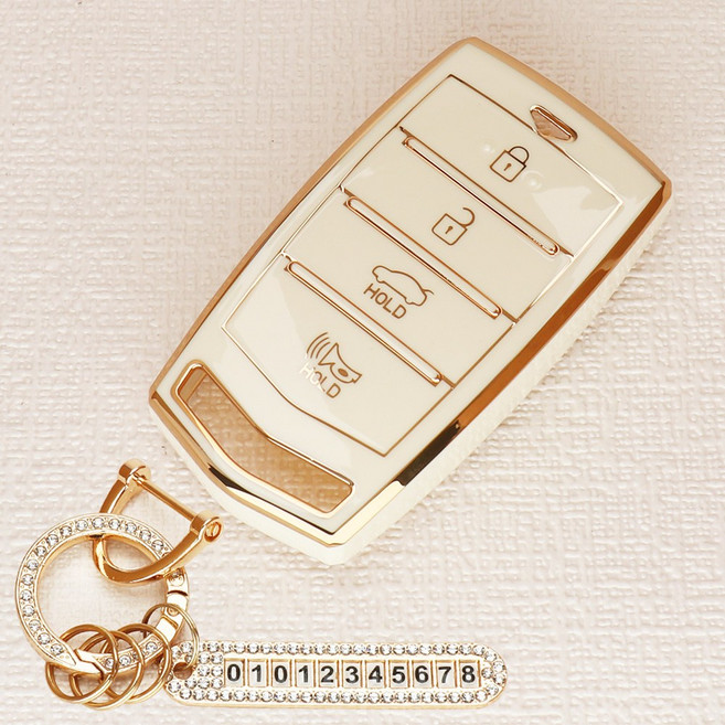 튜모 호환 G70 G80 G90 GV70 GV80 DH 에쿠스 EQ900 골드라인 TPU 스마트 키케이스 키링 키홀더, GN-01, 큐빅오링-아이보리