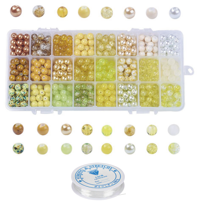 리니팜 10컬러 마블 원석 대리석st 구슬 비즈 세트 비즈공예 키트 반지 팔찌 스트랩 만들기 악세사리부자재, 24칸 옐로우라임, 1개