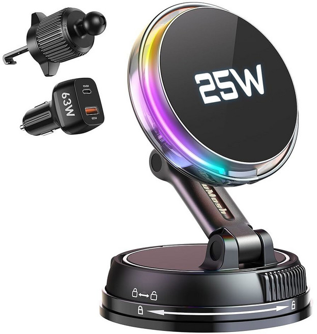 QI2.2 25W MAGSAFE 자동차 마운트 충전기 폰 냉각 팬 & RGB 조명 78LBS 이상 진공 흡입 기능이 있는 무선 폰 17-12 시리즈용 63W 어댑터가 장착된 360, 1개