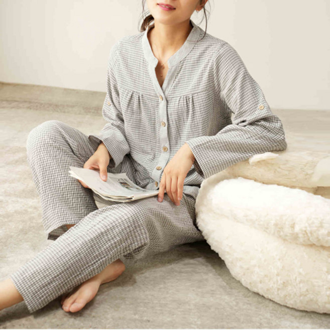 LUMANOKI 이중거즈면 소프트 순면100% 부드러운 여성용 긴팔 홈웨어 잠옷세트