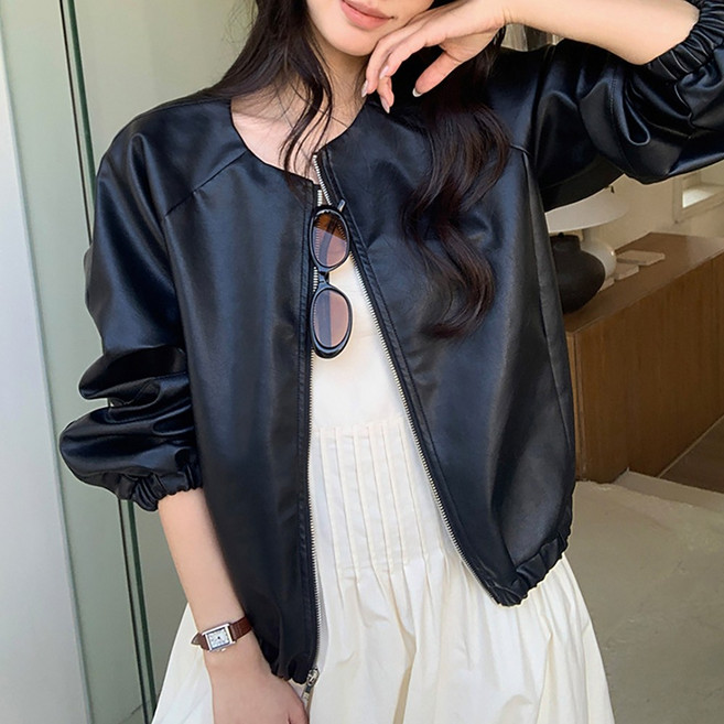 네모엔룩 노카라레더 여성용 페이크레더 레자 지퍼 시보리 포켓 크롭 블루종 인조 가죽 라이더 자켓